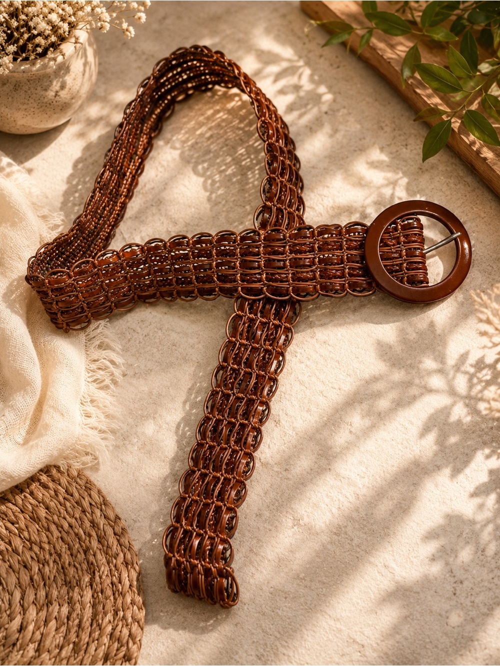 Woven Round-Buckle Waist Belt - Brown - Picture 1 of 1